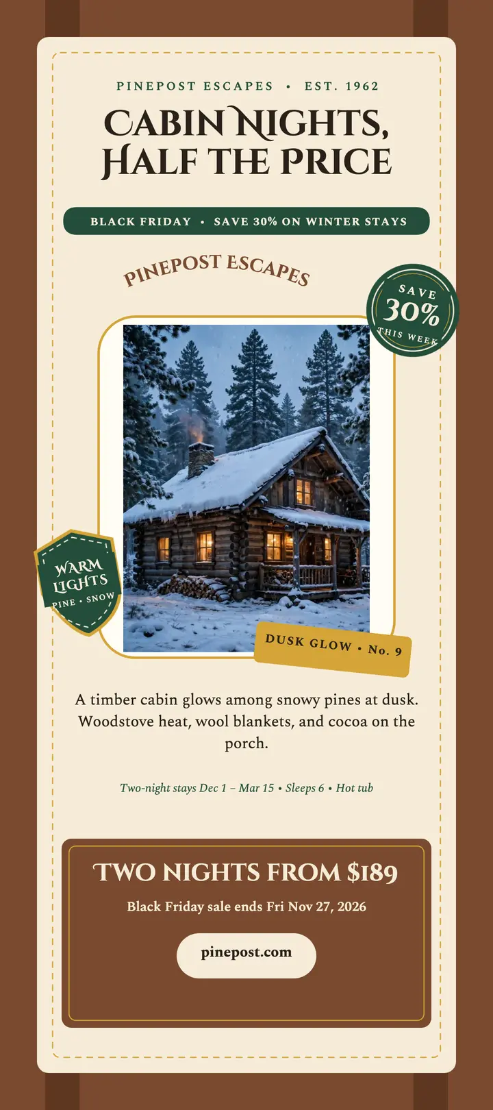 Pinepost cabin Black Friday luggage rack card template