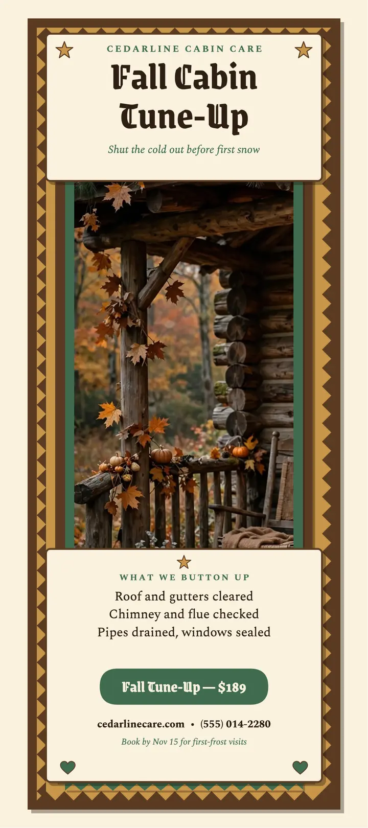 Cedarline fall cabin tune-up rack card template
