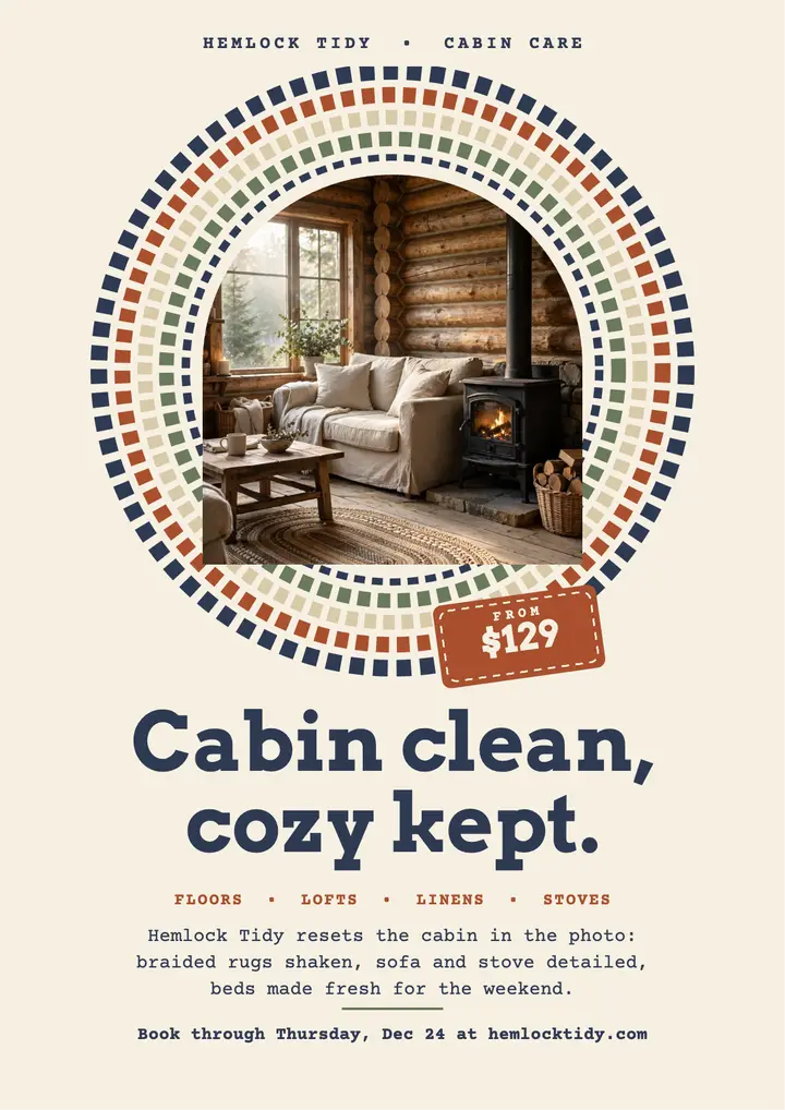 Hemlock Tidy cabin cleaners flyer: cabin cleaning flyer template