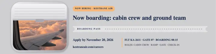 Kestrane Air cabin crew hiring banner: airline hiring banner template