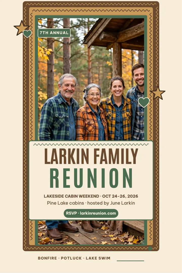 Larkin family lakeside cabin reunion poster: family reunion poster template