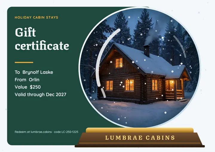 Lumbrae Cabins holiday snow globe gift certificate: holiday cabin gift certificate template