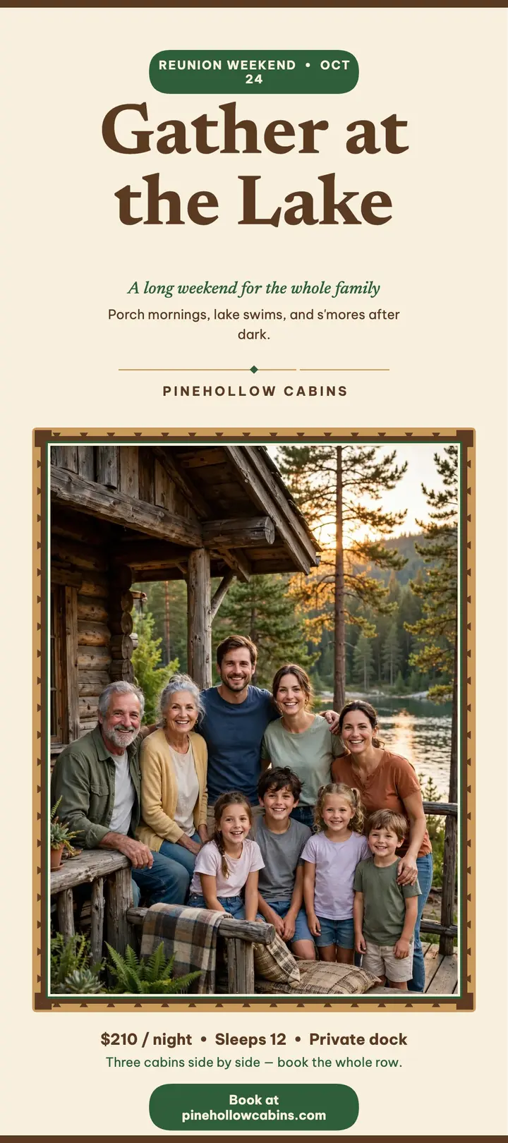 Pinehollow Cabins family reunion rack card template