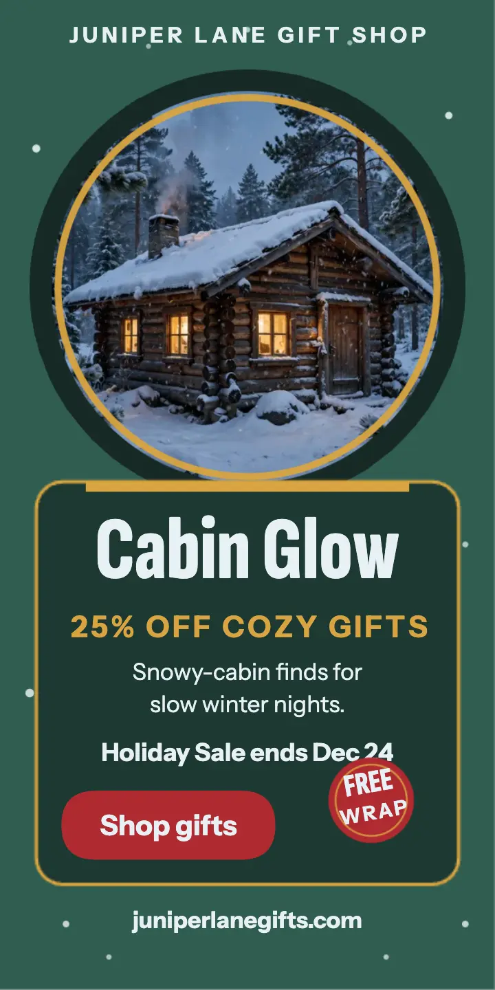 Juniper Lane cabin snow globe gift ad template