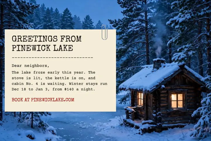 Pinewick Lake winter cabin postcard: winter cabin postcard template