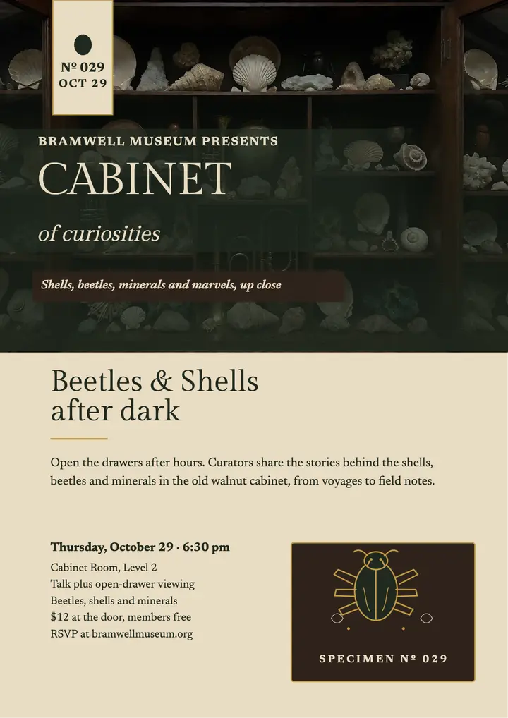 Bramwell Cabinet Nights beetle talk flyer template