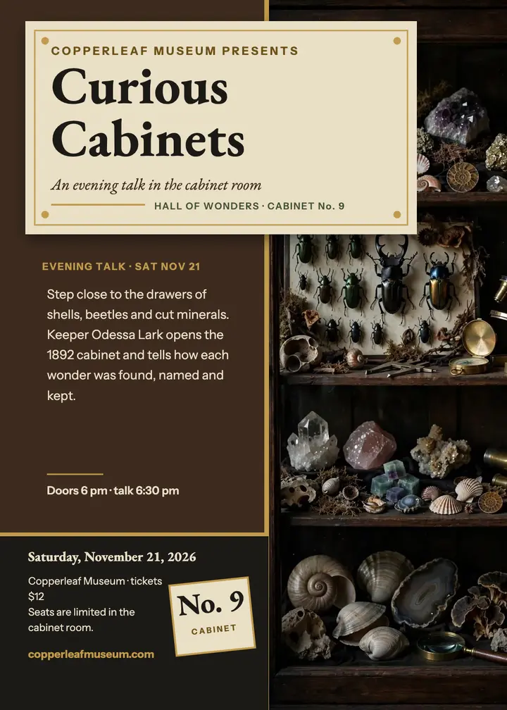 Curious Cabinets evening talk invitation: curiosity cabinet invitation template