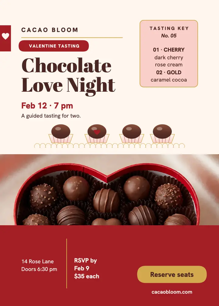 Cacao Bloom Valentine tasting night invite: valentine tasting invite template