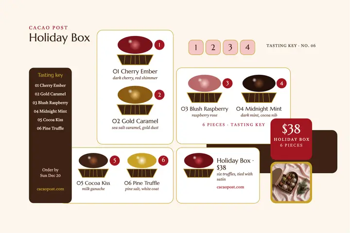 Cacao Post holiday chocolate box postcard template