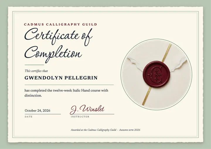 Calligraphy course certificate, wax-seal letter template