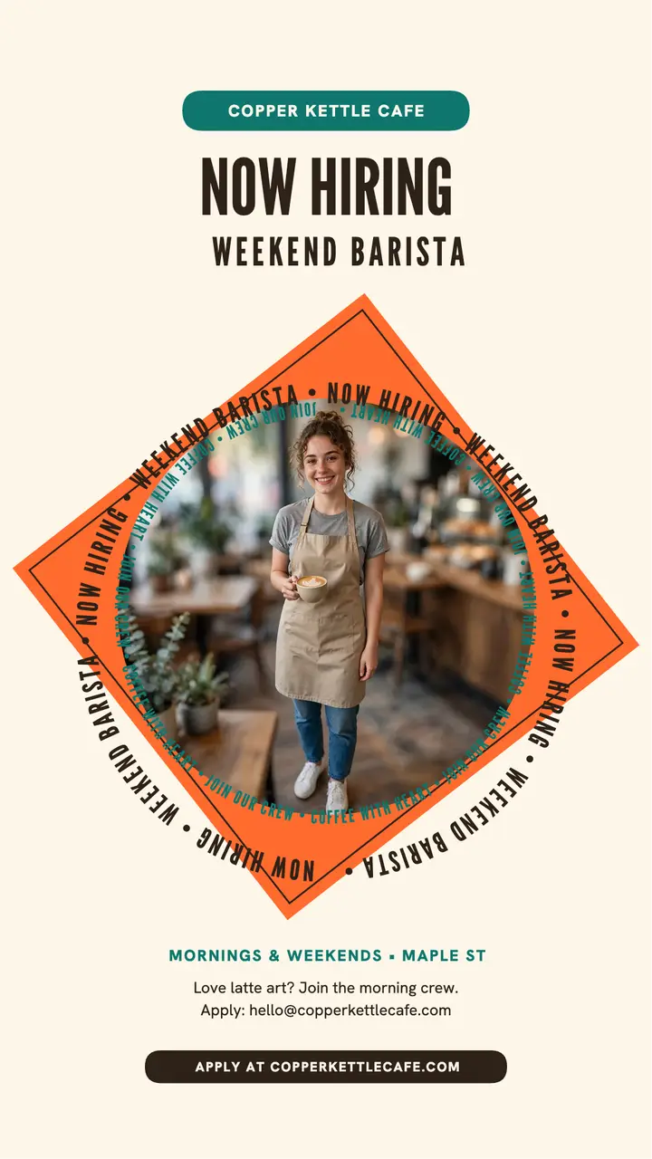 Copper Kettle weekend barista hiring story: cafe hiring story template