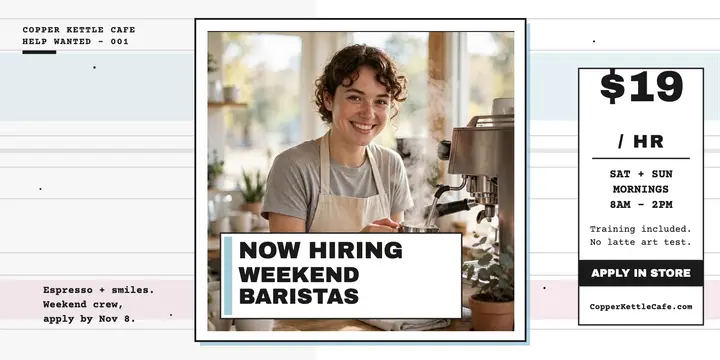 Copper Kettle weekend barista hiring printout template