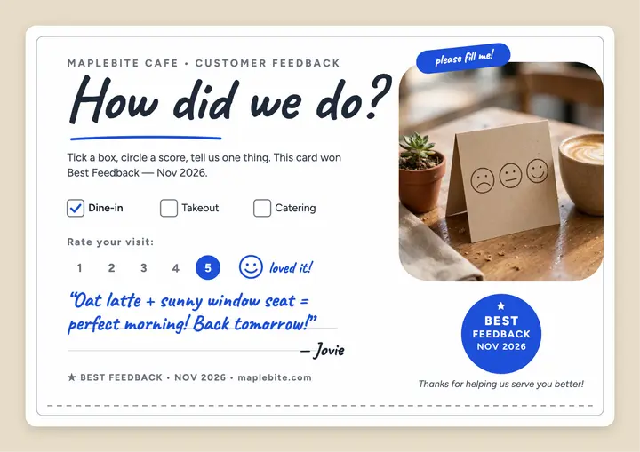 Maplebite Cafe feedback award certificate template
