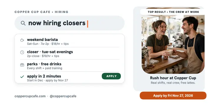 Copper Cup Cafe crew search post: cafe hiring post template