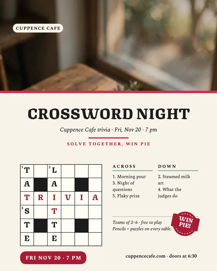 Cuppence Cafe crossword trivia night: cafe trivia night post template