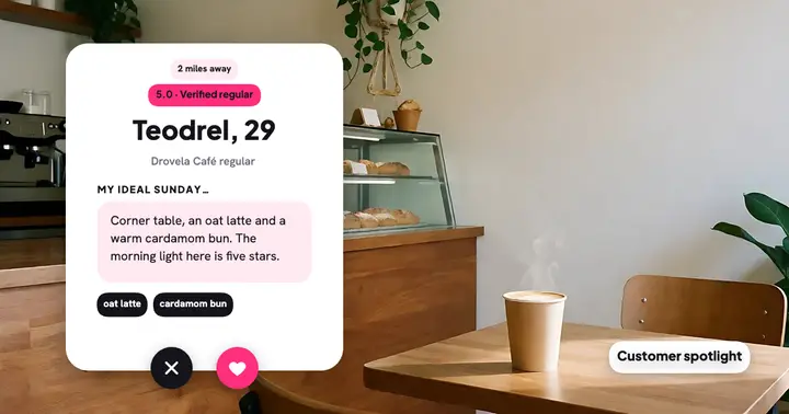 Drovela Café customer spotlight profile card template