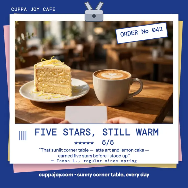 Cuppa Joy five-star cafe review card: cafe review card template