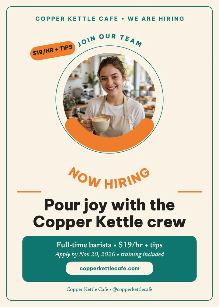Copper Kettle barista hiring badge invitation template