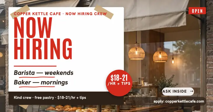 Copper Kettle Cafe window hiring card template