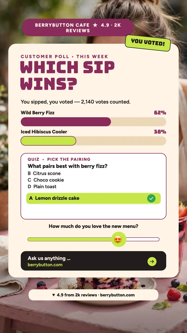 Berrybutton Cafe poll and quiz story template