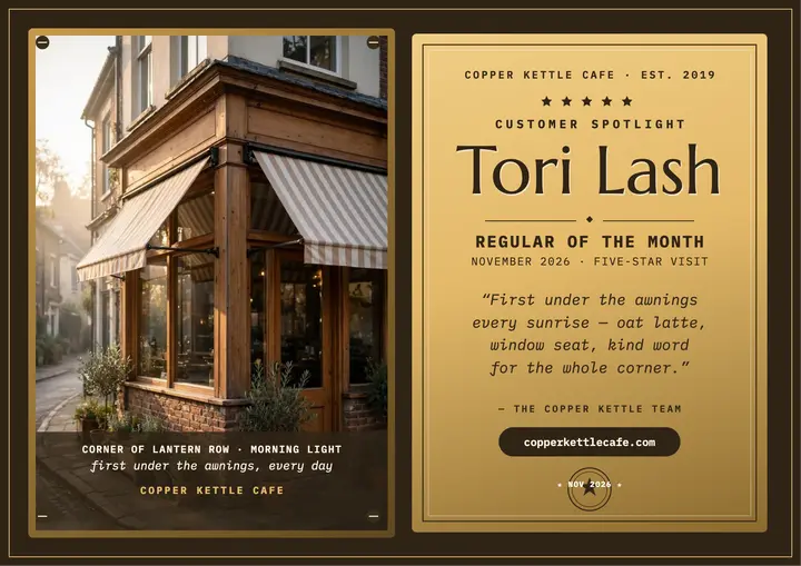 Copper Kettle regular spotlight certificate: customer spotlight certificate template