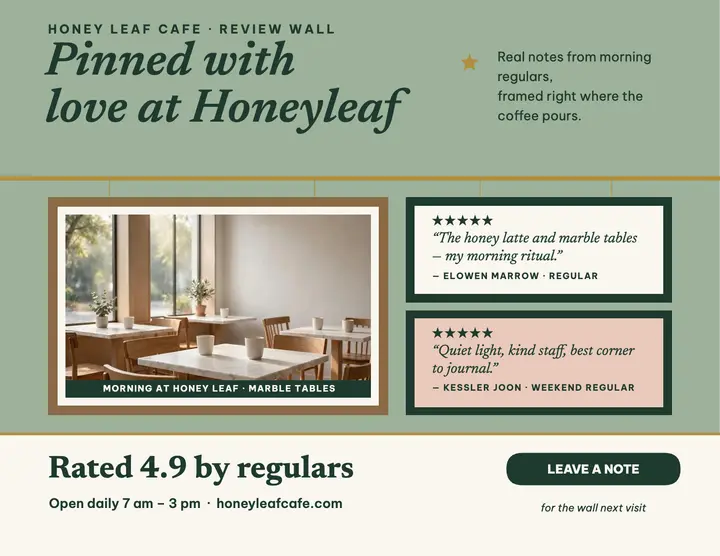 Honeyleaf Cafe review wall flyer template