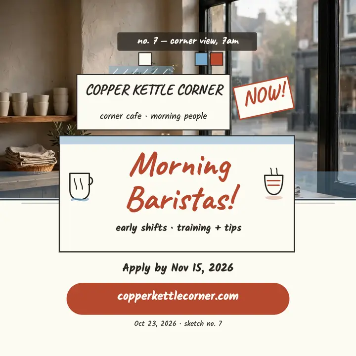 Copper Kettle Corner barista hiring sketch post template