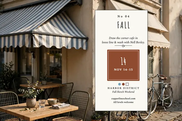 Copperline fall sketch weekend postcard: sketch workshop postcard template