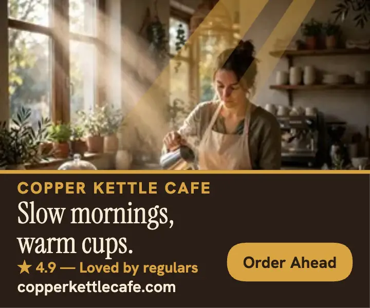 Copper Kettle slow mornings coffee ad template