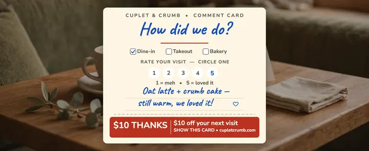 Cuplet and Crumb cafe thanks comment voucher: cafe comment card voucher template