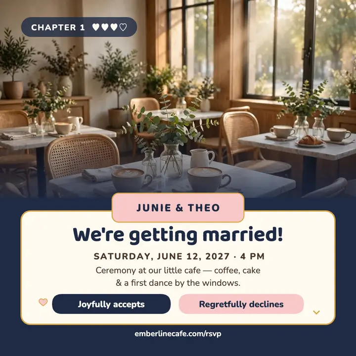 Junie and Theo cafe wedding dialogue invite template