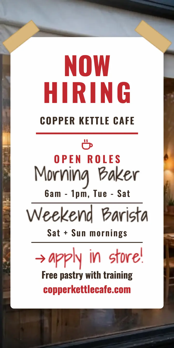 Copper Kettle Cafe window hiring card template
