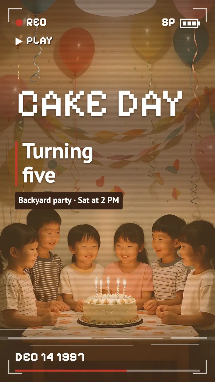 Cake day fifth birthday camcorder story template