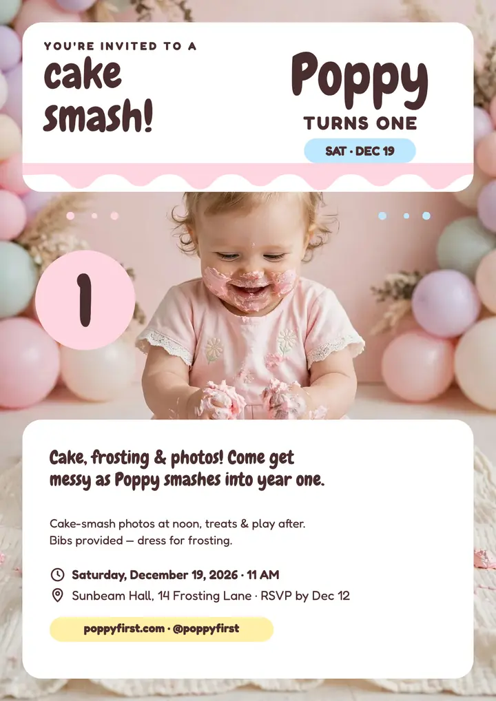Poppy turns One cake smash flyer template