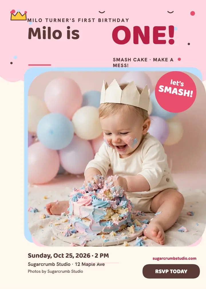 Milo cake smash first birthday invitation template