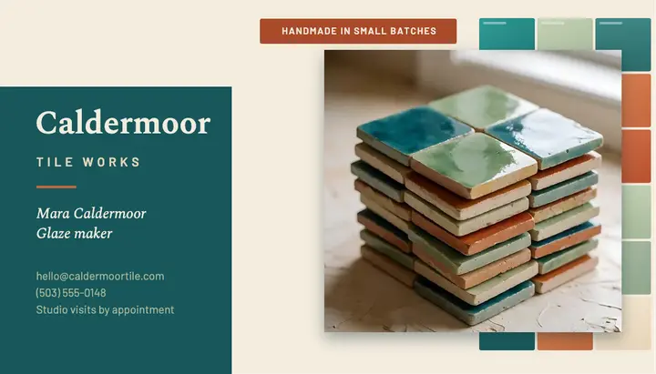 Caldermoor Tile Works business card, zellige glaze template