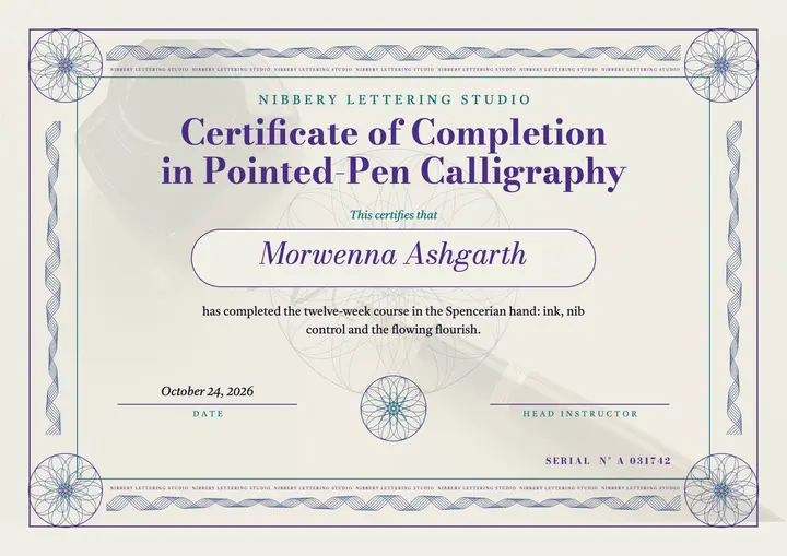 Calligraphy course completion certificate, banknote guilloche template