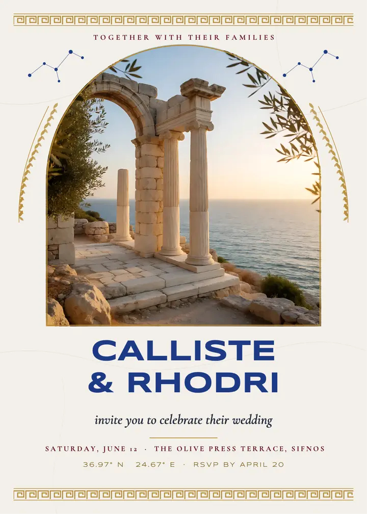 Calliste and Rhodri mythcore marble wedding invitation: wedding invitation template