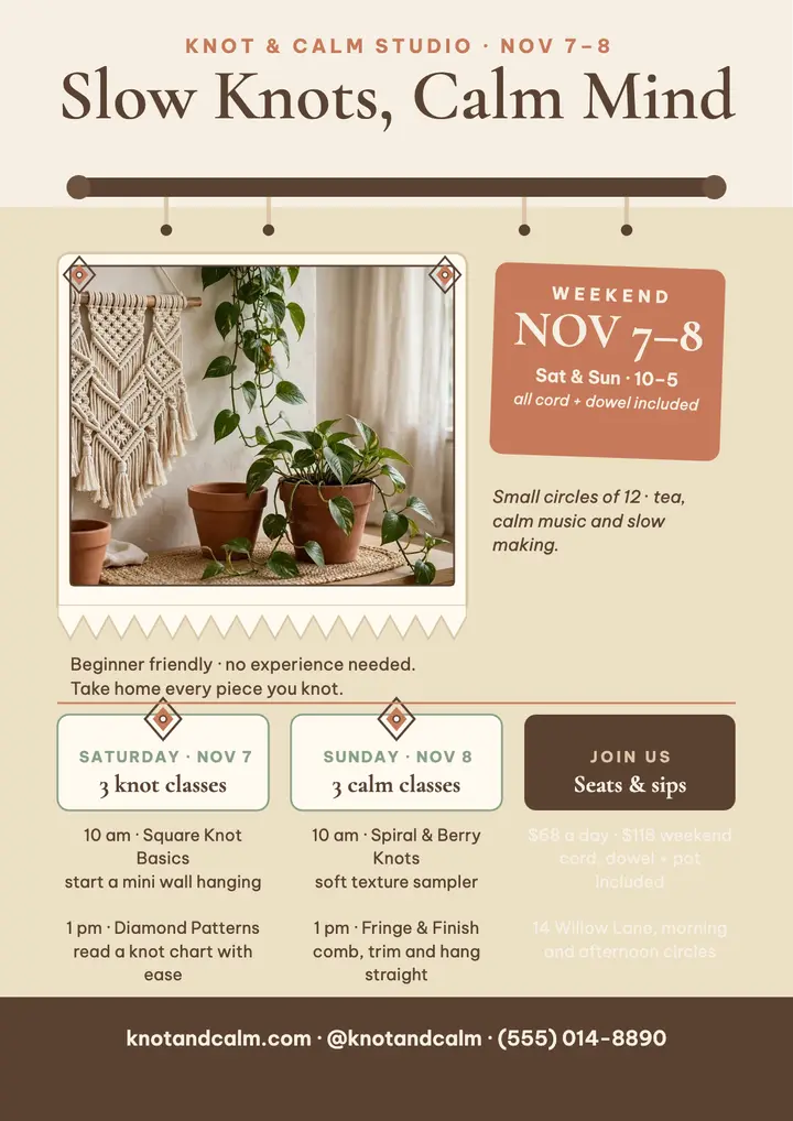 Knot and Calm macrame wellness flyer template