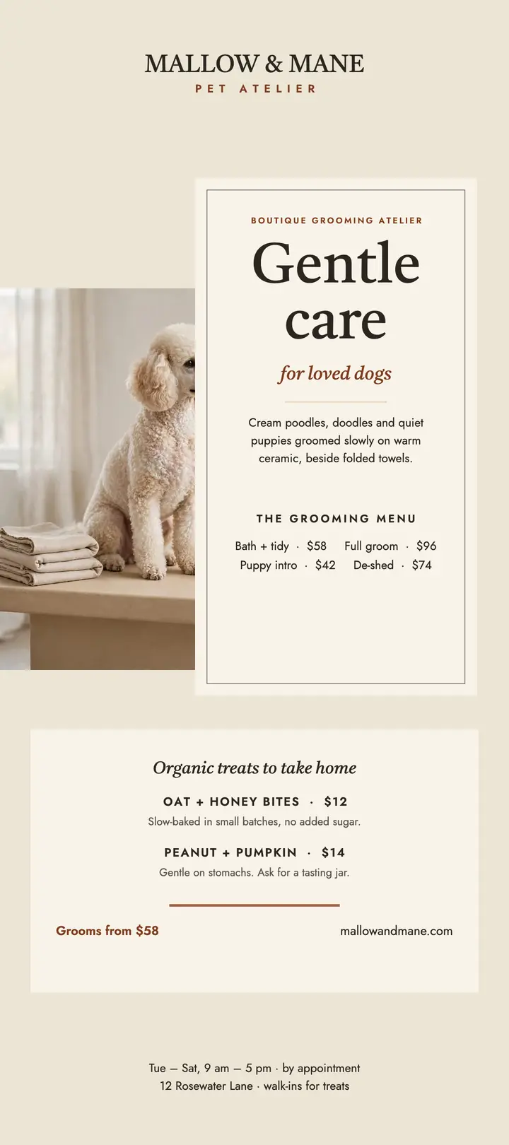 Mallow and Mane calm grooming rack card template