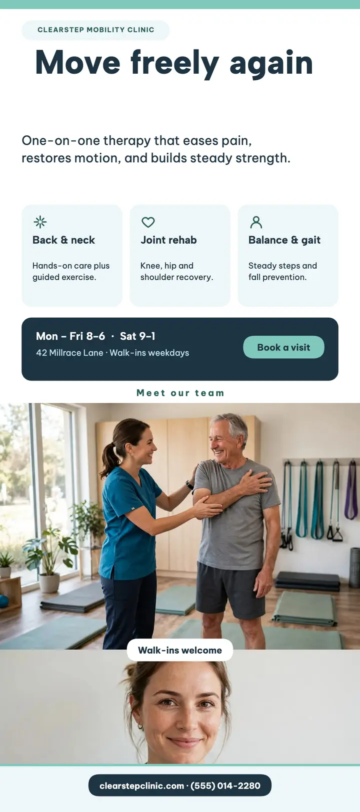 Clearstep Mobility Clinic calm rack card template