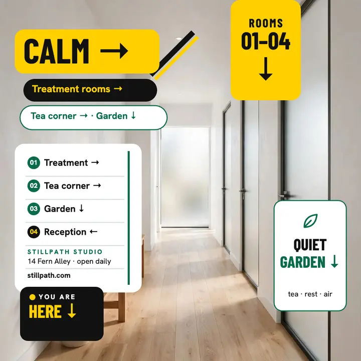Stillpath Studio calm wayfinding post: wellness wayfinding post template