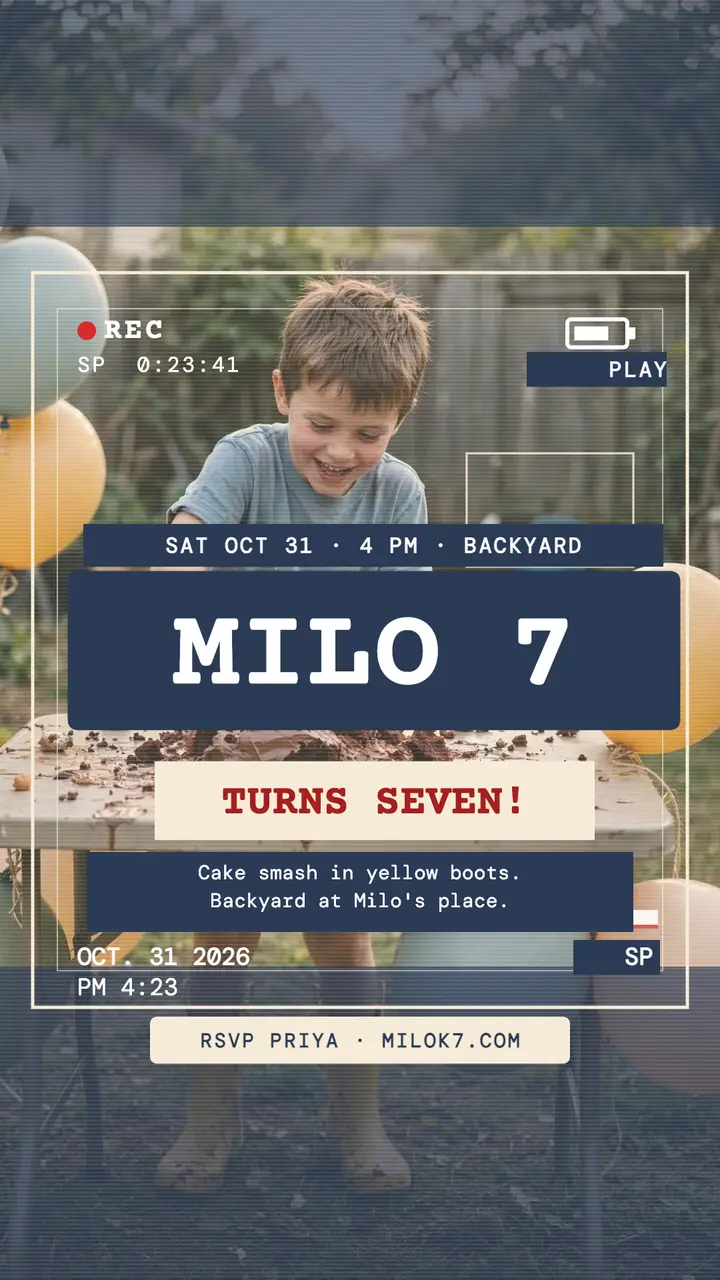 Milo turns 7 camcorder birthday story template