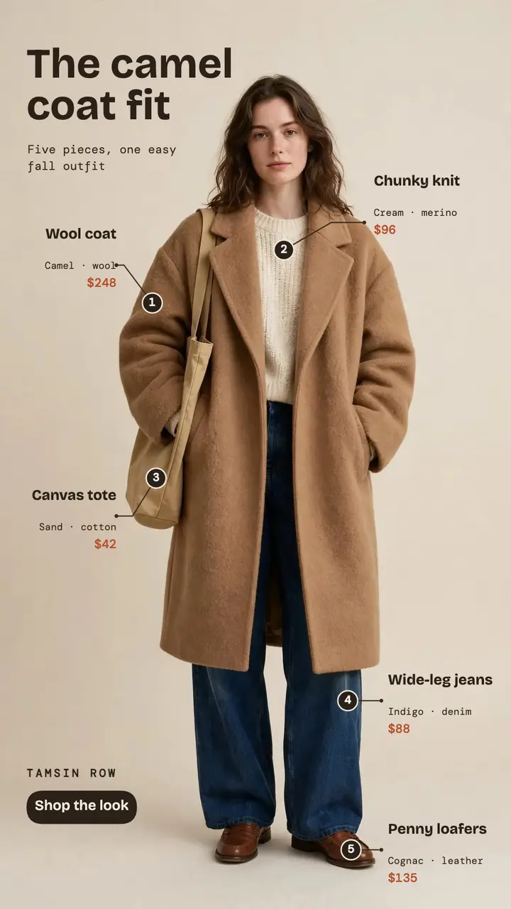 Tamsin Row camel coat outfit callouts story: outfit breakdown story template