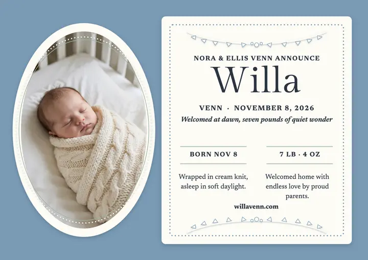 Willa Venn cameo birth announcement: baby girl announcement certificate template