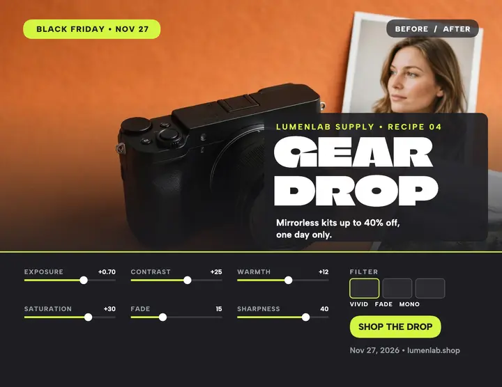 Lumenlab camera gear drop edit flyer: black friday camera sale template