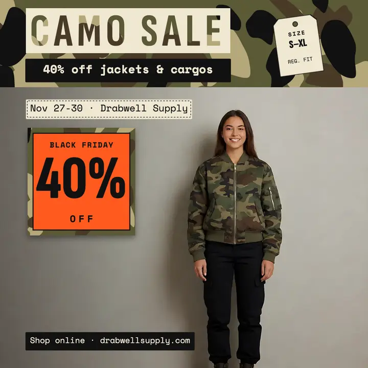 Drabwell Supply camo Black Friday sale post: black friday sale post template