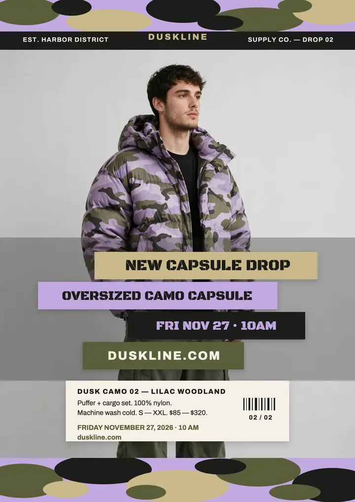 Duskline lilac camo capsule drop flyer template