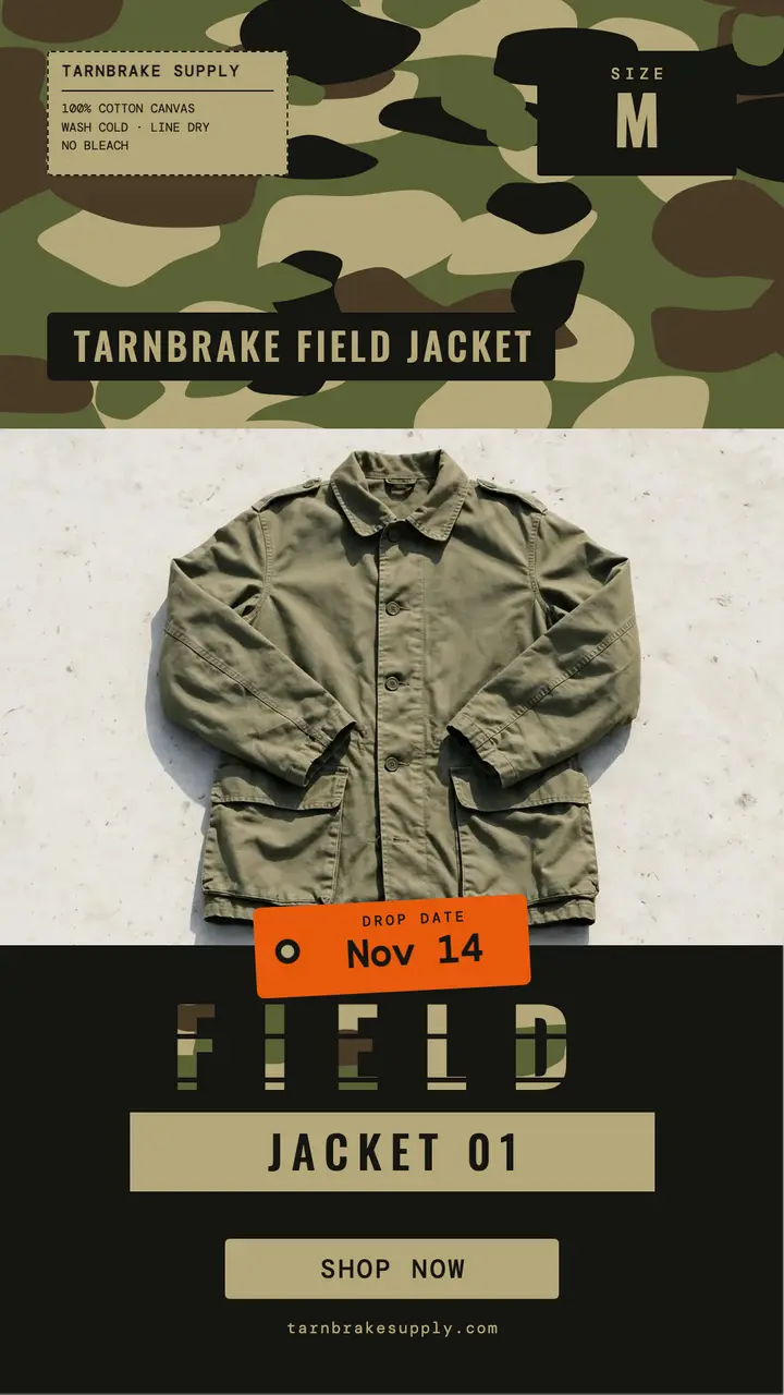 Tarnbrake field jacket drop story, camo print template