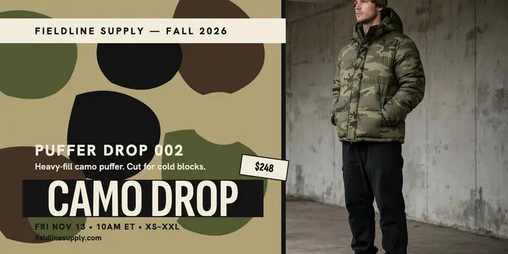 Fieldline Supply camo puffer drop post template